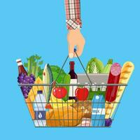 shopping basket full of groceries products vector