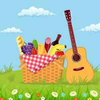 WIcker picnic basket full of products. vector
