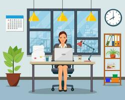 Office workplace with table, bookcase, window. vector