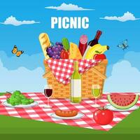 Summer picnic concept with basket, vector