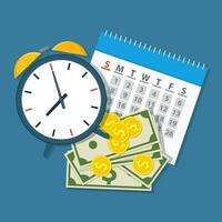 Alarm clock, calendar, money vector