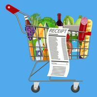 Plastic shopping basket full of groceries products vector