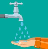 Hands under falling water out of tap. vector