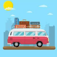 retro travel van car with bag on roof. vector