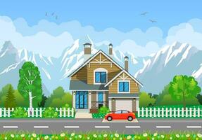 Wooden houses in the mountains vector