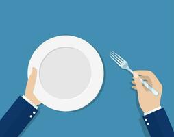 hands with steel fork and empty plate. vector