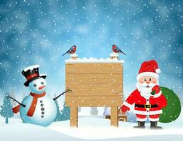 Santa Claus with gift bag and snowman vector