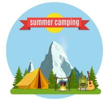 Summer camp. Landscape with yellow tent, vector