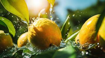 AI generated Fresh mango with leaf and water splash AI Generative photo