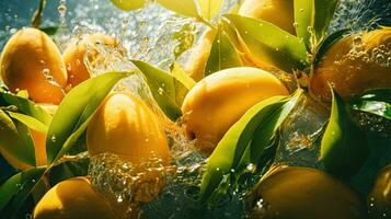 AI generated Fresh mango with leaf and water splash AI Generative photo