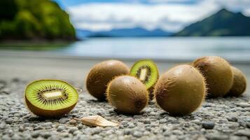 ai generado Fresco kiwi rebanada en el playa ai generativo foto