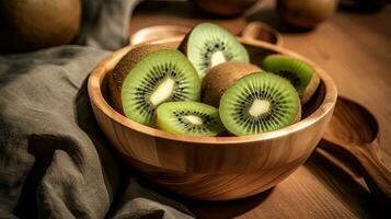 AI generated Kiwi fruit on the wooden bowl with light exposure AI Generative photo