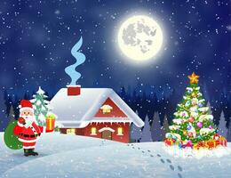 house in snowy Christmas landscape at night vector