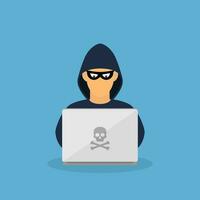 Criminal hacker with laptop. vector