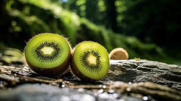 ai generado retrato kiwi rebanada encima el Roca ai generativo foto