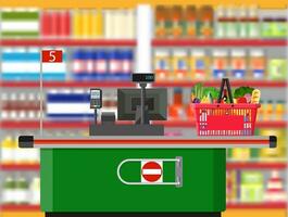 Supermarket interior. Cashier counter workplace. vector