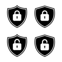 Lock and unlock icon on shield. Safeguard, security symbol vector