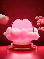 AI generated Pink hear shape with clouds above the podium AI Generative photo