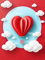 AI generated Red heart balloon with clouds on the red background AI Generative photo