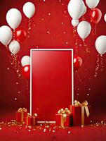 AI generated Red frame with gift box and balloon AI Generative photo