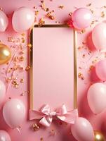 AI generated Gold frame with pink balloon AI Generative photo