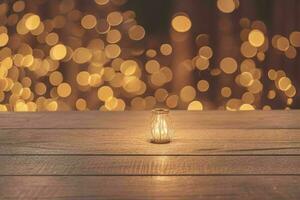 AI generated wood table in front of christmas light night, abstract circular bokeh background. Pro Photo