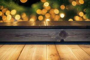 AI generated wood table in front of christmas light night, abstract circular bokeh background. Pro Photo