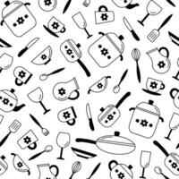 Kitchen cookware seamless pattern in doodle style vector