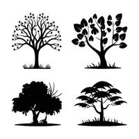 silhouette tree line drawing set, Side view, set of graphics trees elements outline symbol for architecture and landscape design drawing. Vector illustration in stroke fill in white. Tropical