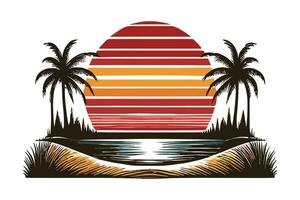 Vector tropical summer beach ocean sunset and sunrise view cartoon vector illustration