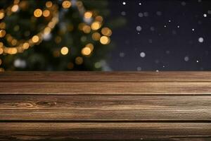 AI generated wood table in front of christmas light night, abstract circular bokeh background. Pro Photo