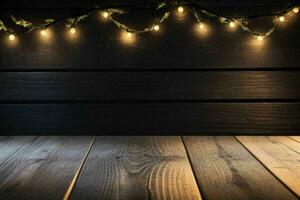 AI generated wood table in front of christmas light night, abstract circular bokeh background. Pro Photo