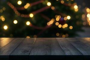 AI generated wood table in front of christmas light night, abstract circular bokeh background. Pro Photo