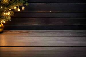 AI generated wood table in front of christmas light night, abstract circular bokeh background. Pro Photo