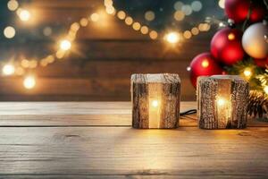 AI generated wood table in front of christmas light night, abstract circular bokeh background. Pro Photo