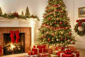 ai generado Navidad árbol con regalos y chimenea. Pro foto