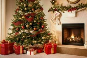 AI generated Christmas Tree with Gifts and Fireplace. Pro Photo