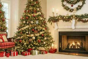 AI generated Christmas Tree with Gifts and Fireplace. Pro Photo