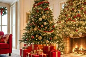 AI generated Christmas Tree with Gifts and Fireplace. Pro Photo