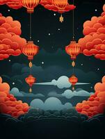 AI generated Red Chinese lantern with red clouds AI Generative photo