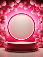 AI generated Circle neon light with podium and pink background AI Generative photo