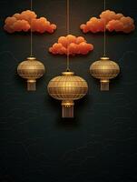 AI generated Gold Chinese lantern with red cloud on the black background AI Generative photo