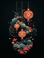 AI generated Portrait Chinese lantern with element on the black background AI Generative photo
