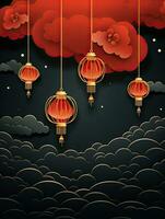 AI generated Red Chinese lantern with red clouds AI Generative photo