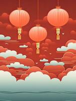 AI generated Red Chinese lantern with clouds AI Generative photo