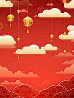 AI generated Portrait Chinese lantern with clouds  on the red background AI Generative photo