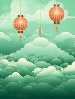 AI generated Portrait Chinese lantern on the green clouds background AI Generative photo