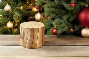 AI generated christmas background on rustic wooden table. Pro Photo