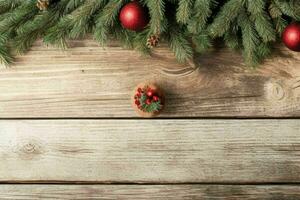 AI generated christmas background on rustic wooden table. Pro Photo