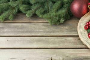 AI generated christmas background on rustic wooden table. Pro Photo